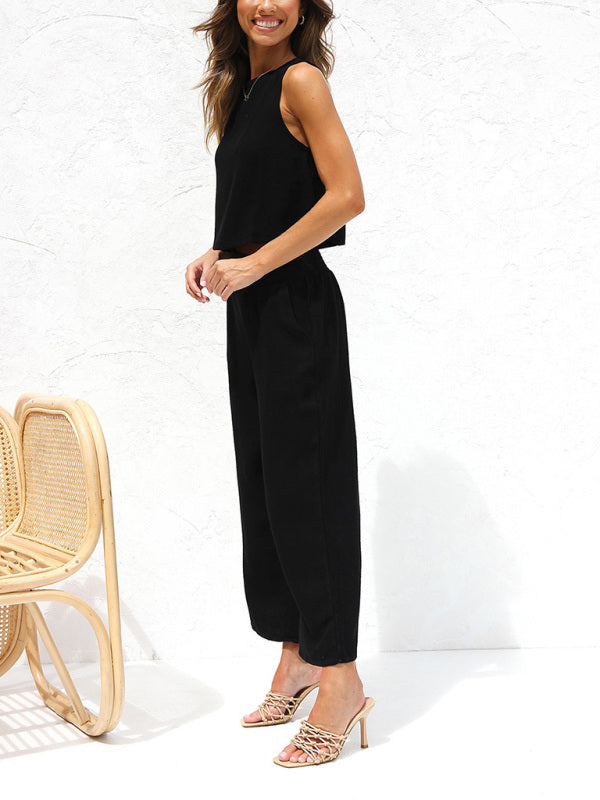 Mune Fashion | Women's Casual Sleeveless Button Vest Short Loose Fit Trousers Cotton and Linen Suit