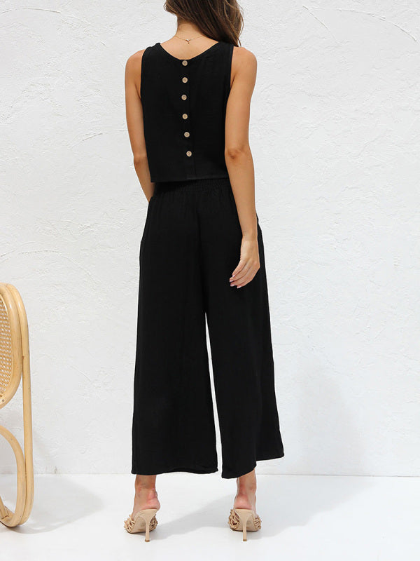 Mune Fashion | Women's Casual Sleeveless Button Vest Short Loose Fit Trousers Cotton and Linen Suit