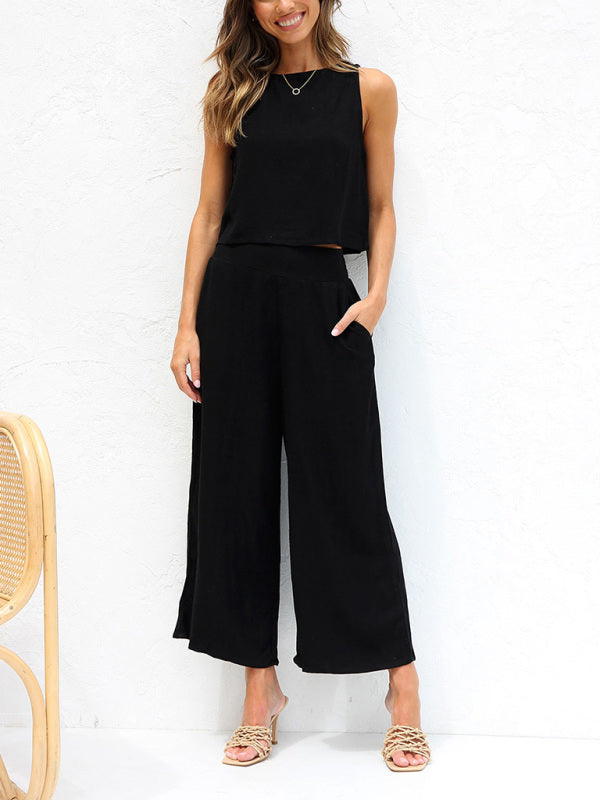 Mune Fashion | Women's Casual Sleeveless Button Vest Short Loose Fit Trousers Cotton and Linen Suit