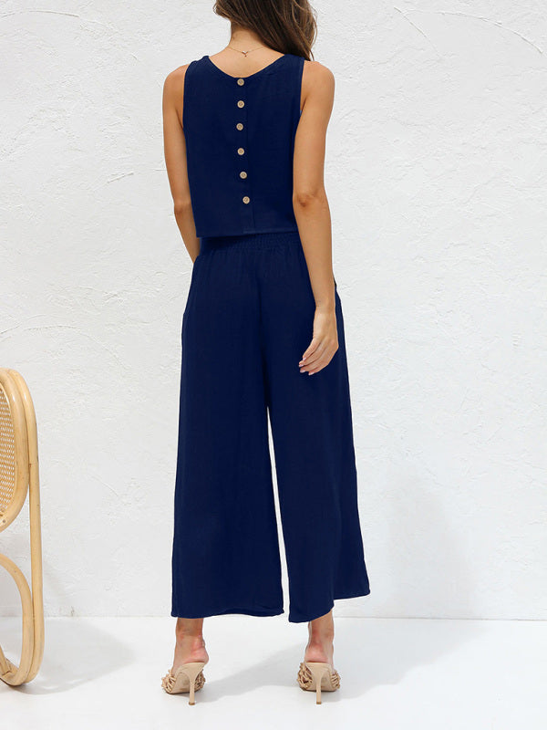 Mune Fashion | Women's Casual Sleeveless Button Vest Short Loose Fit Trousers Cotton and Linen Suit
