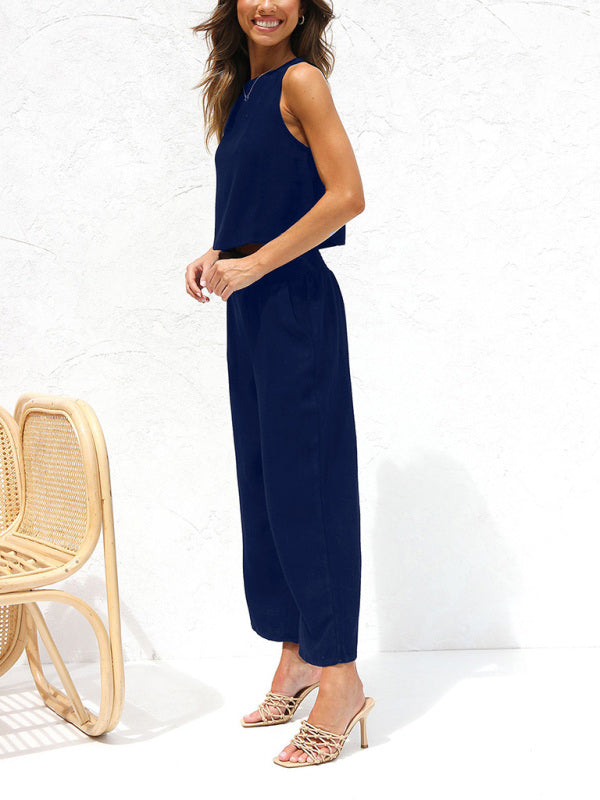 Mune Fashion | Women's Casual Sleeveless Button Vest Short Loose Fit Trousers Cotton and Linen Suit