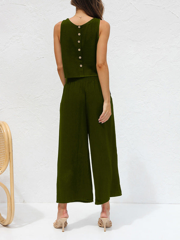 Mune Fashion | Women's Casual Sleeveless Button Vest Short Loose Fit Trousers Cotton and Linen Suit