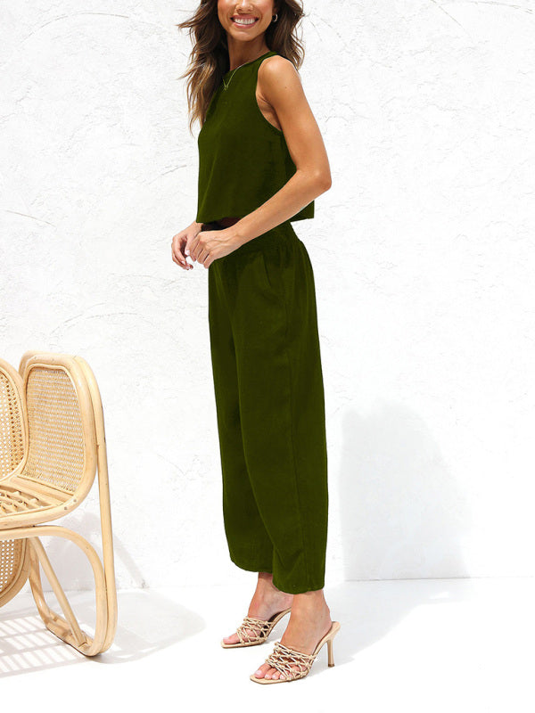 Mune Fashion | Women's Casual Sleeveless Button Vest Short Loose Fit Trousers Cotton and Linen Suit