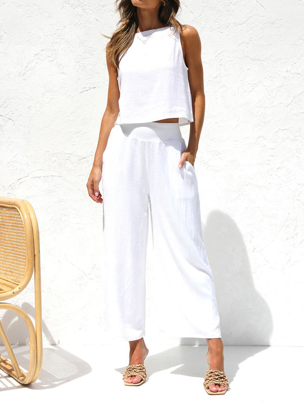 Mune Fashion | Women's Casual Sleeveless Button Vest Short Loose Fit Trousers Cotton and Linen Suit