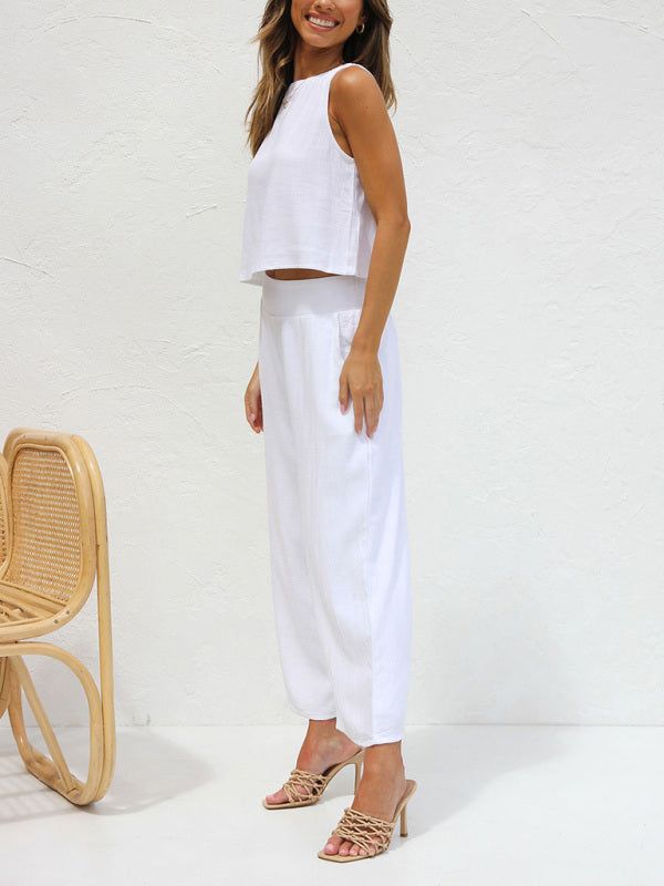 Mune Fashion | Women's Casual Sleeveless Button Vest Short Loose Fit Trousers Cotton and Linen Suit