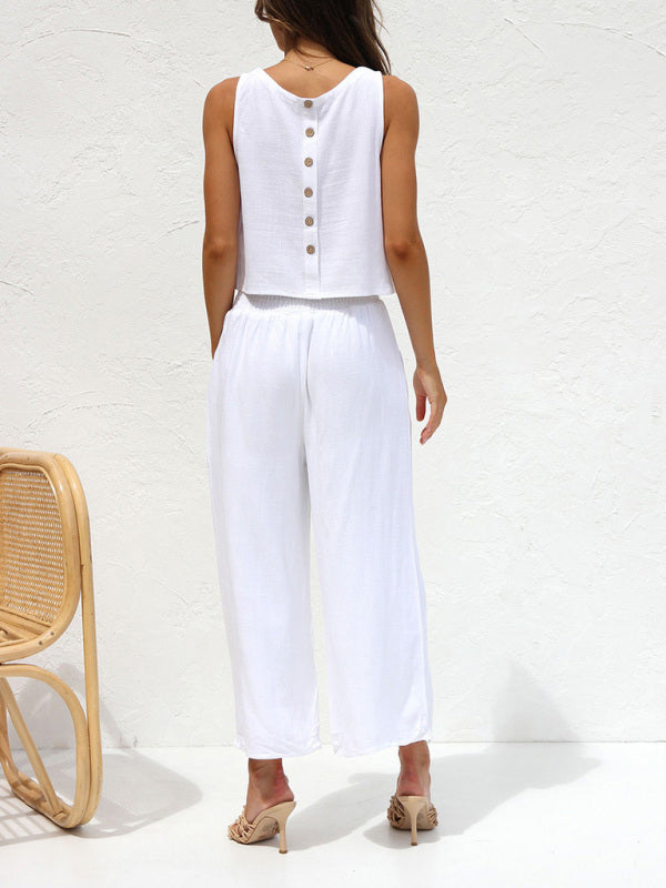 Mune Fashion | Women's Casual Sleeveless Button Vest Short Loose Fit Trousers Cotton and Linen Suit