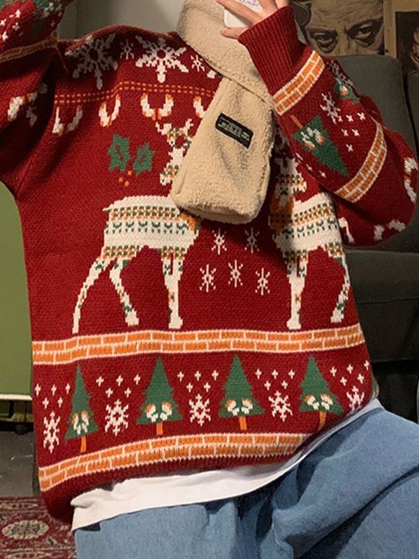 Mune | Vintage Round Neck Sweater with Christmas Deer Print