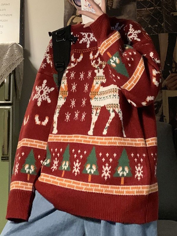 Mune | Vintage Round Neck Sweater with Christmas Deer Print