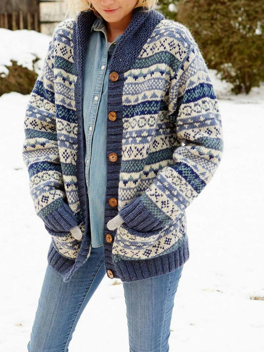 Mune | Knitted Cardigan Wool Knit Casual Fit Shawl Collar Fair Isle Pattern Snap Button Front