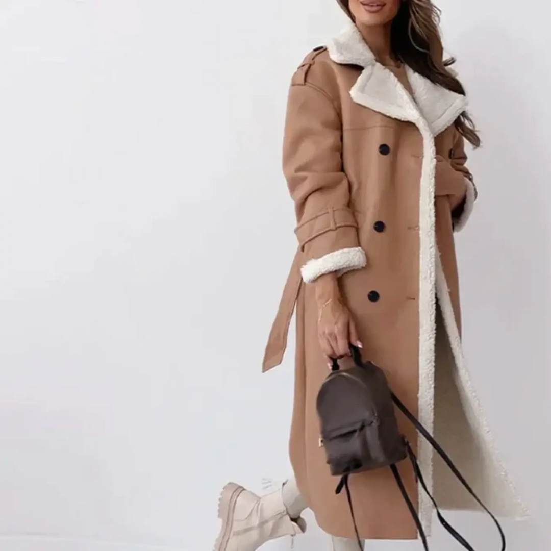 Mune | Long Shearling Lined Trench Coat Stylish Double-Breasted Winter Coat