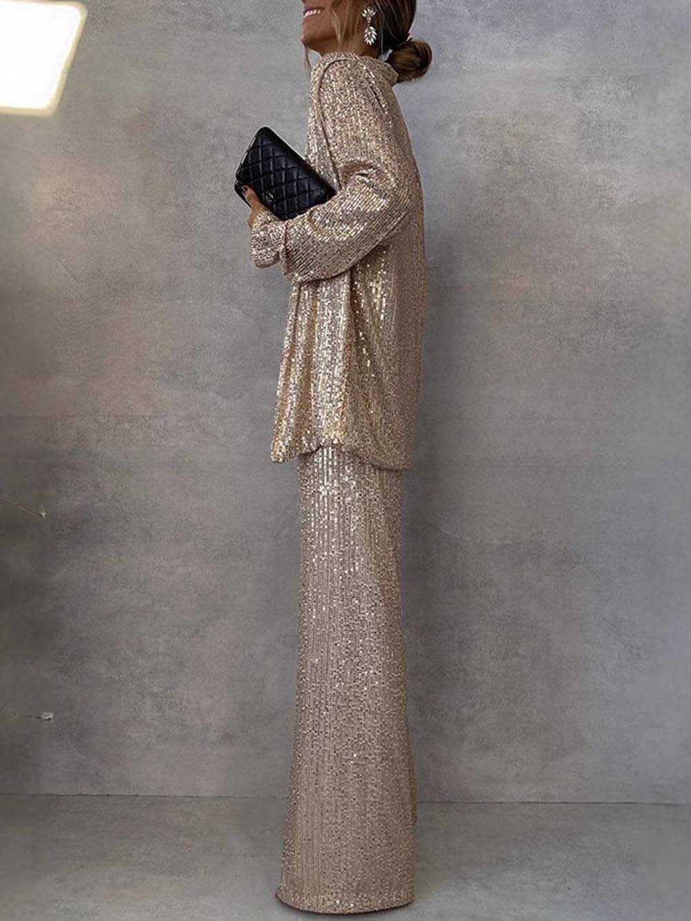 Women's Glittering Blazer Suit with Wide Leg and Shimmering Sequins Mune Fashion