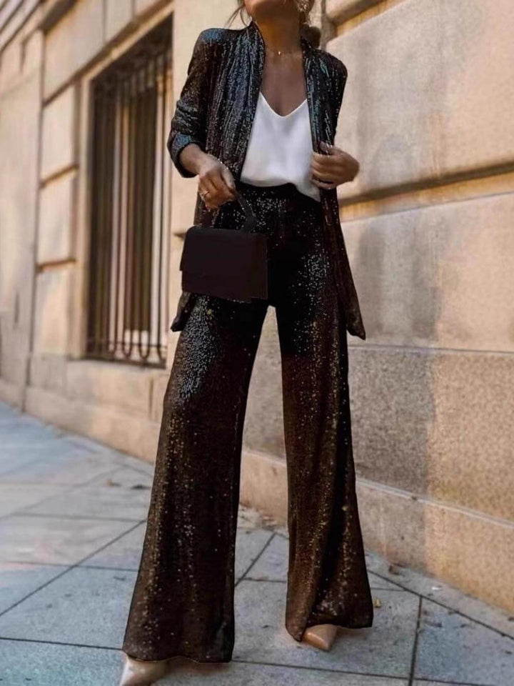 Women's Glittering Blazer Suit with Wide Leg and Shimmering Sequins Mune Fashion