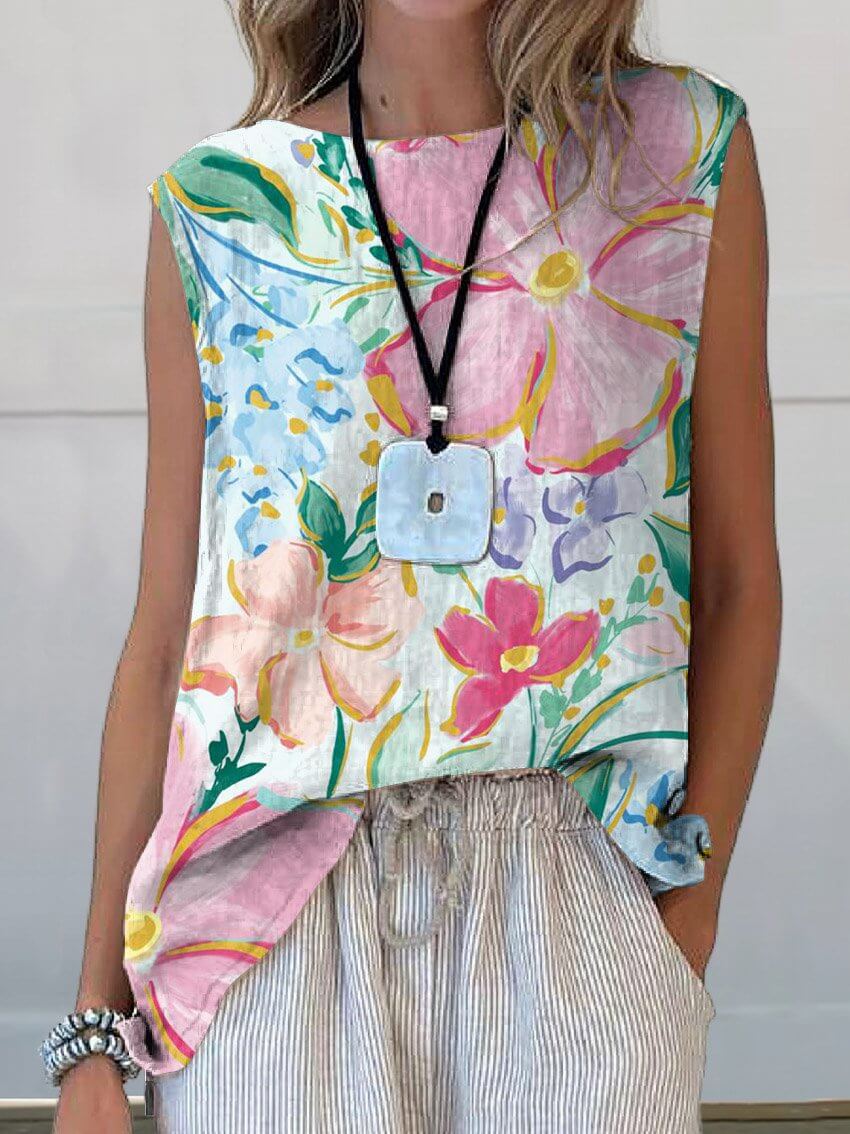 Mune | Beautiful Floral Art Print Cotton and Linen Tank Top