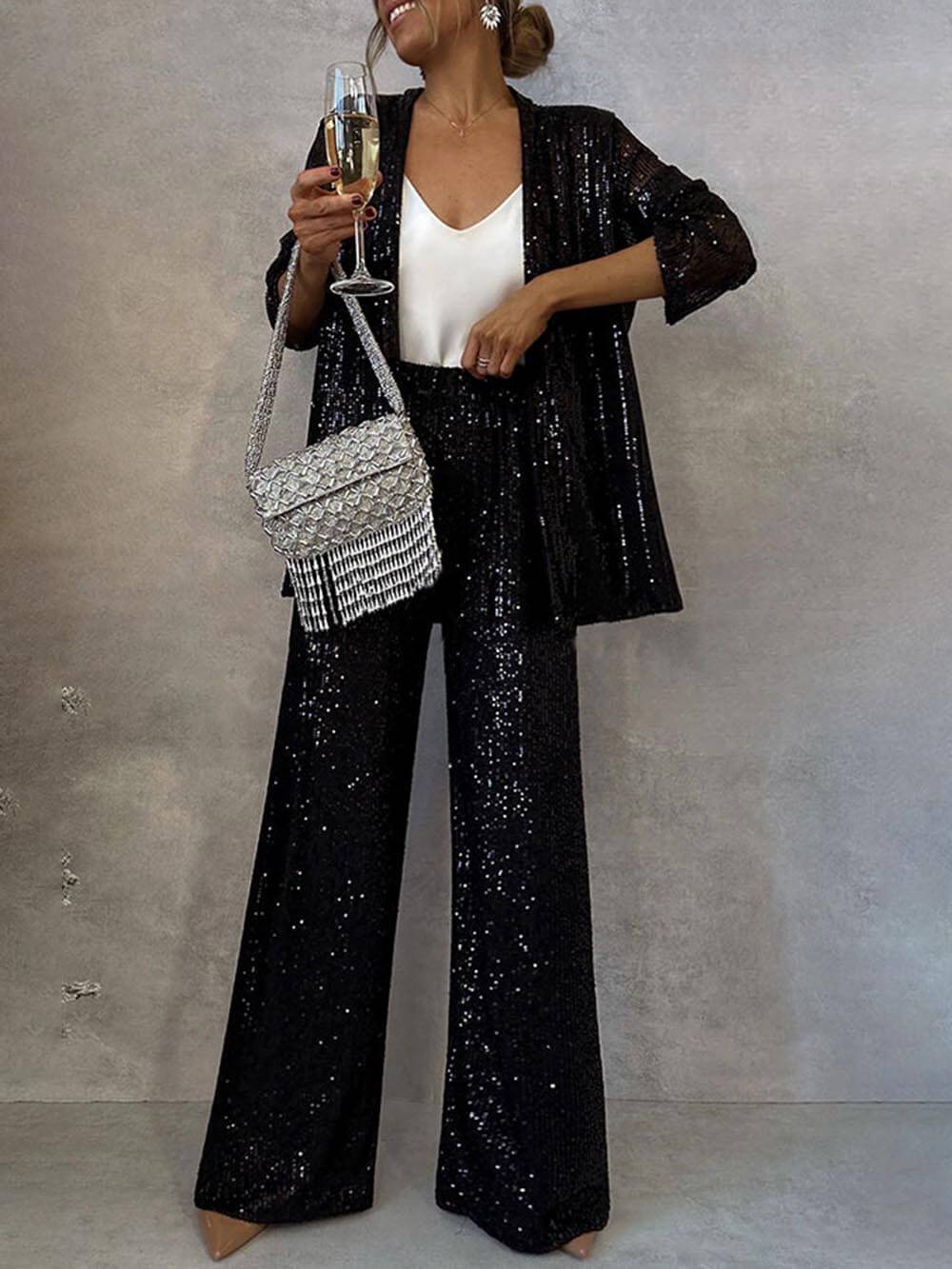 Women's Glittering Blazer Suit with Wide Leg and Shimmering Sequins Mune Fashion