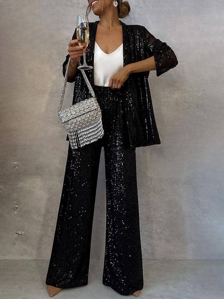 Women's Glittering Blazer Suit with Wide Leg and Shimmering Sequins Mune Fashion