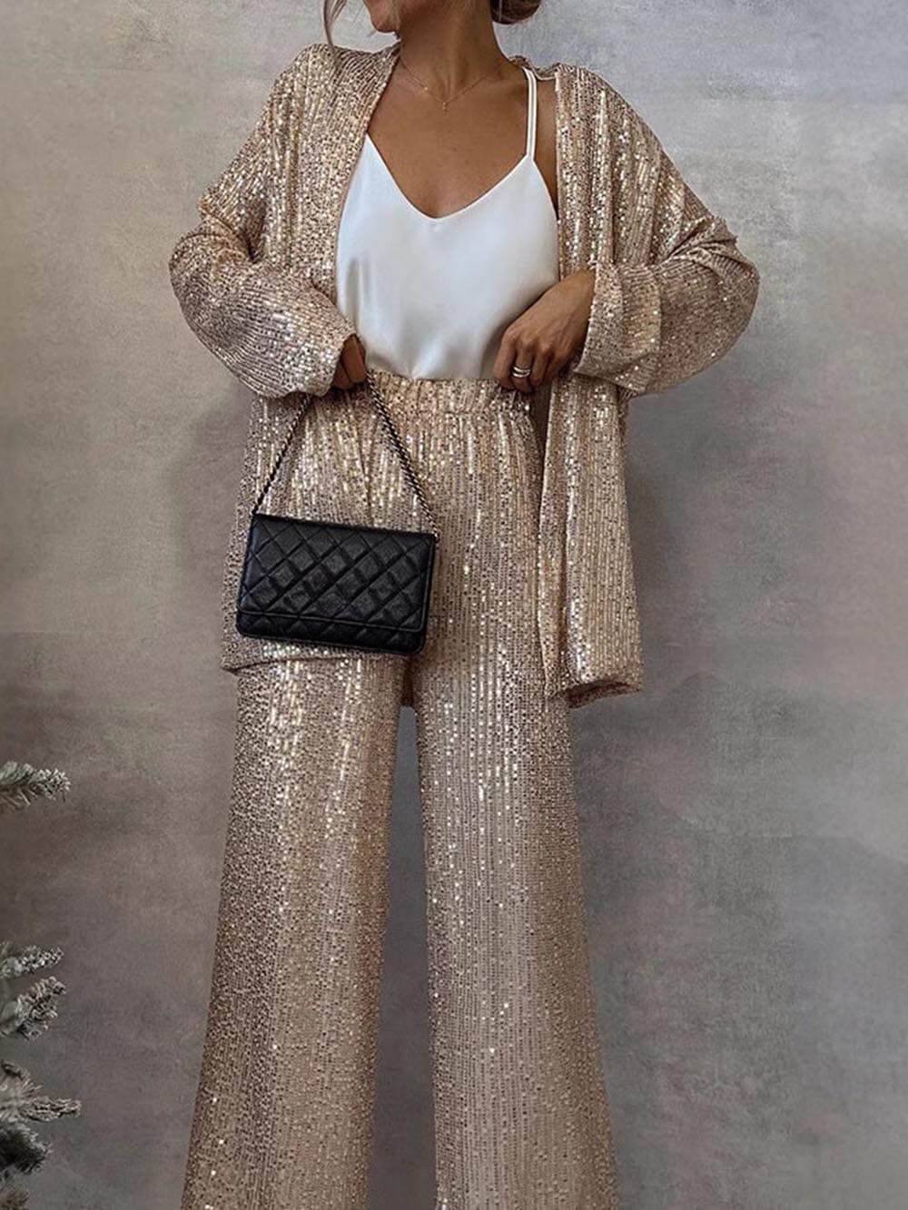 Women's Glittering Blazer Suit with Wide Leg and Shimmering Sequins Mune Fashion