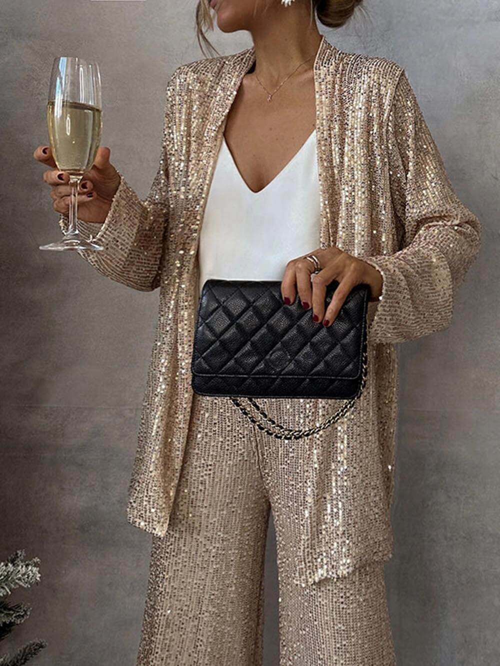 Women's Glittering Blazer Suit with Wide Leg and Shimmering Sequins Mune Fashion