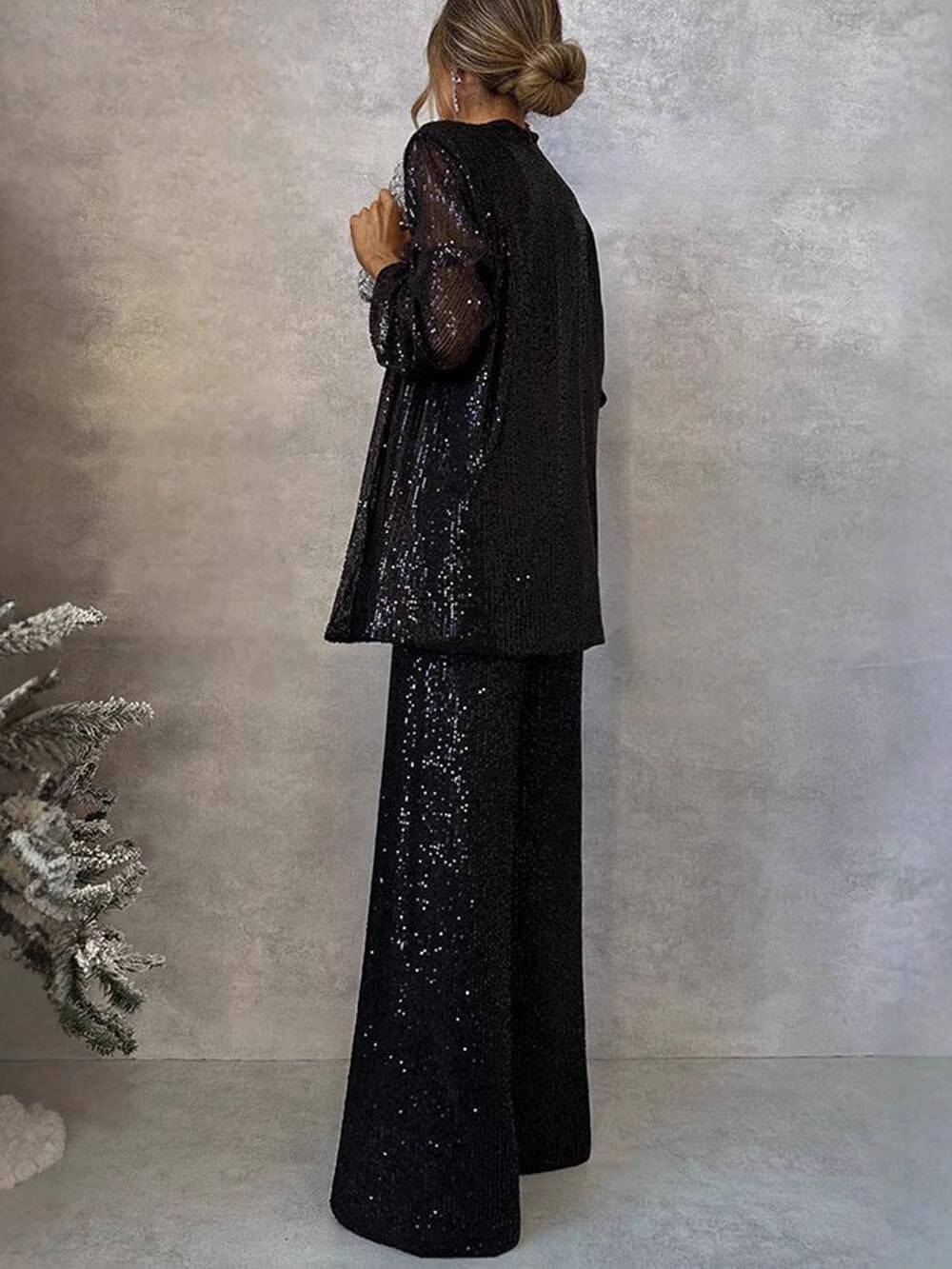 Women's Glittering Blazer Suit with Wide Leg and Shimmering Sequins Mune Fashion