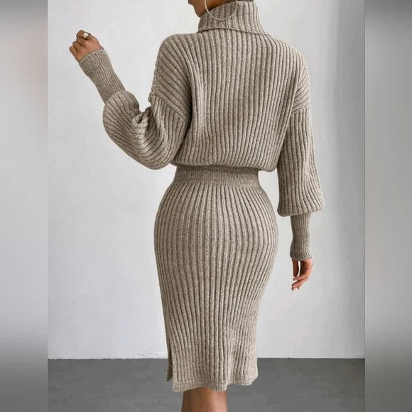 Mune | Chic Winter Khaki Fitted Turtleneck Dress for Women