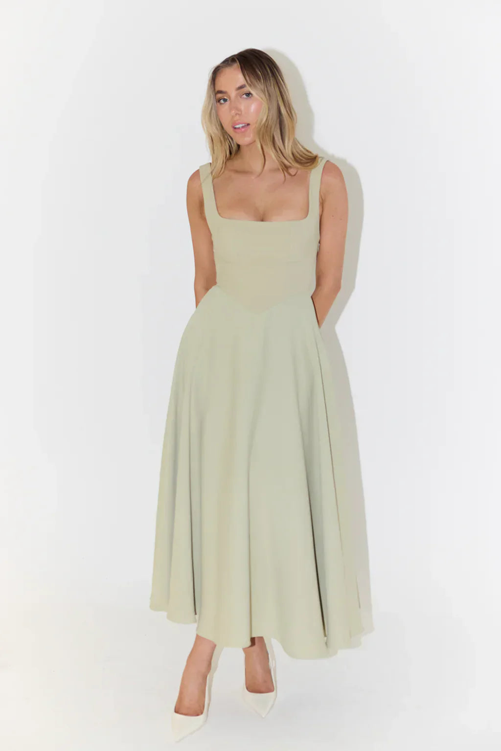 Midi dress with high waist and square neckline