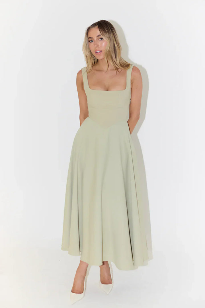 Midi dress with high waist and square neckline
