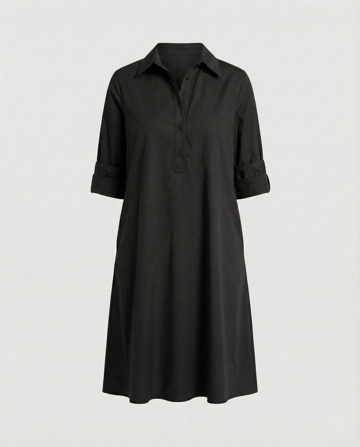 Shirt dress with lapel collar & three-quarter sleeves
