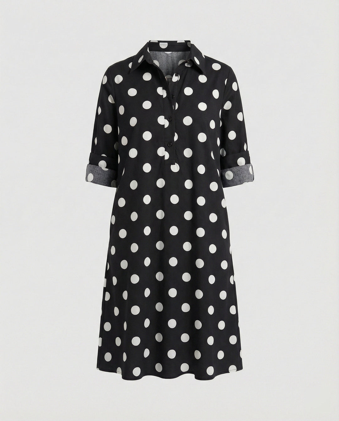 Shirt dress with lapel collar & three-quarter sleeves