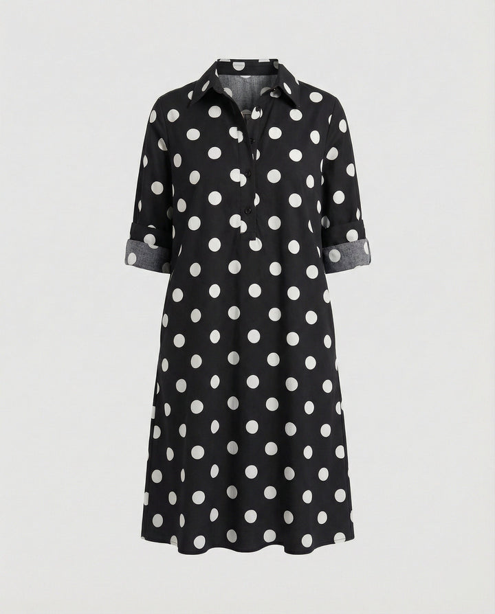 Shirt dress with lapel collar & three-quarter sleeves