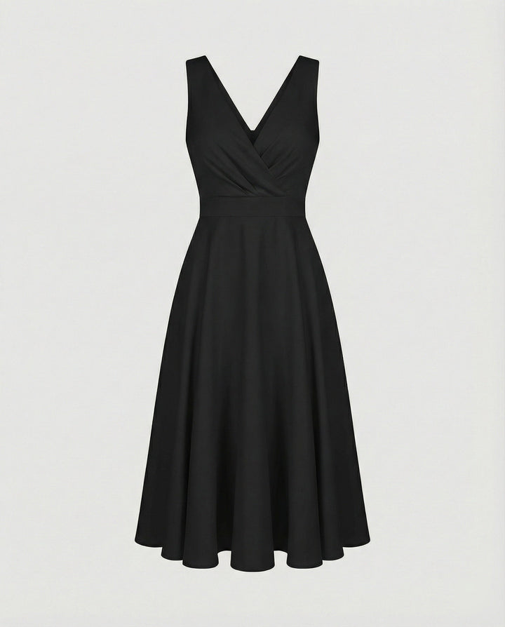Midi dress in A-line, zipper, straps, V neck, sleeveless, elegant, for women, cocktail party
