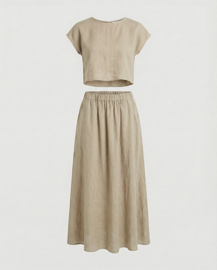 Ladies Elegant Two-Piece Set with Short Sleeve Top & Flowing Maxi Skirt | Mune Fashion