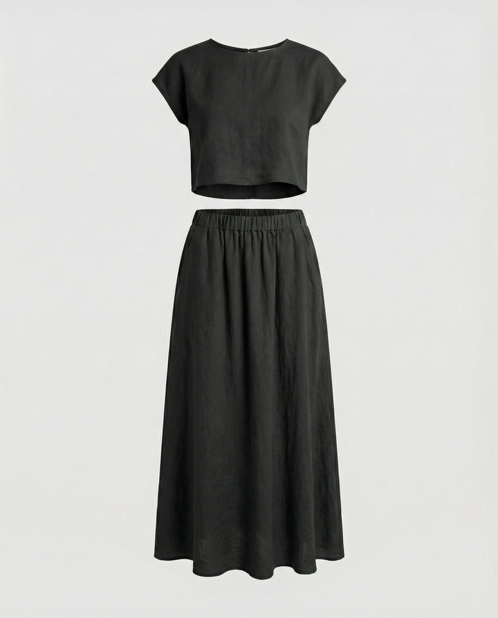 Ladies Elegant Two-Piece Set with Short Sleeve Top & Flowing Maxi Skirt | Mune Fashion