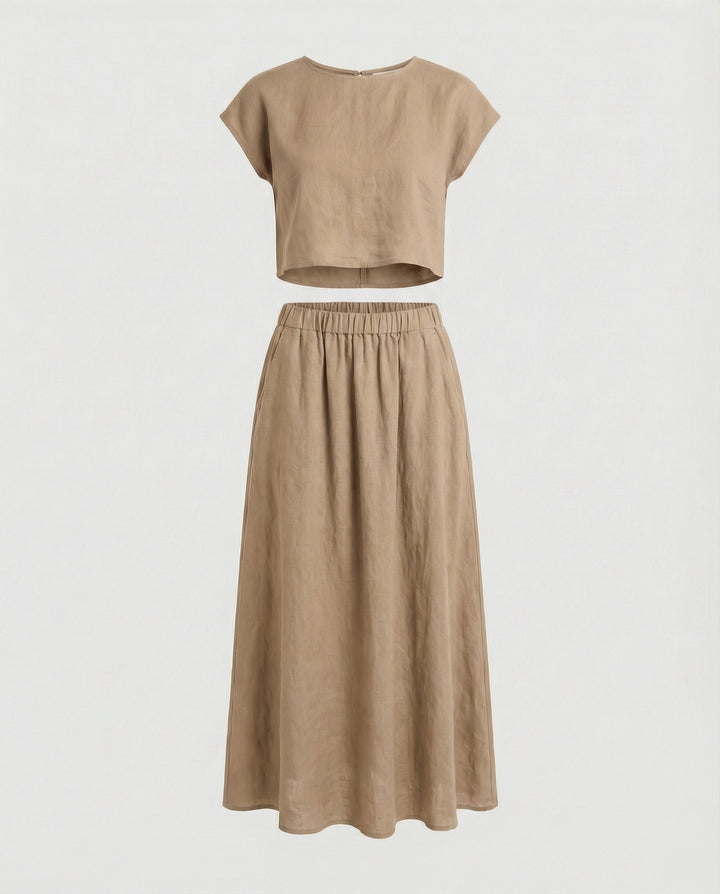 Ladies Elegant Two-Piece Set with Short Sleeve Top & Flowing Maxi Skirt | Mune Fashion
