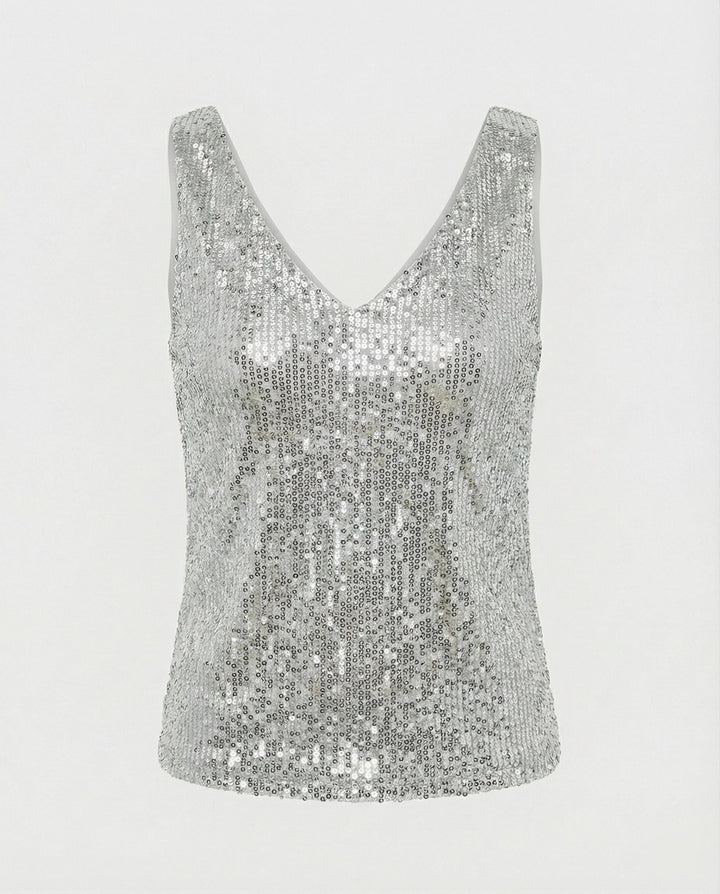 Women Glittering Top with V-Neck and Sparkling Sequin Trim Mune Fashion