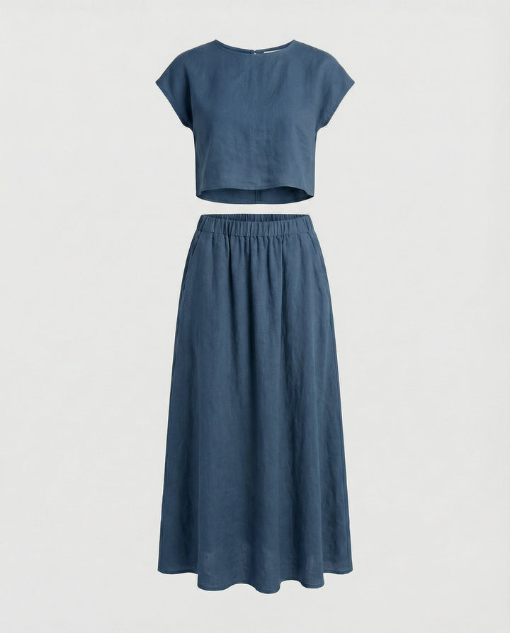Ladies Elegant Two-Piece Set with Short Sleeve Top & Flowing Maxi Skirt | Mune Fashion