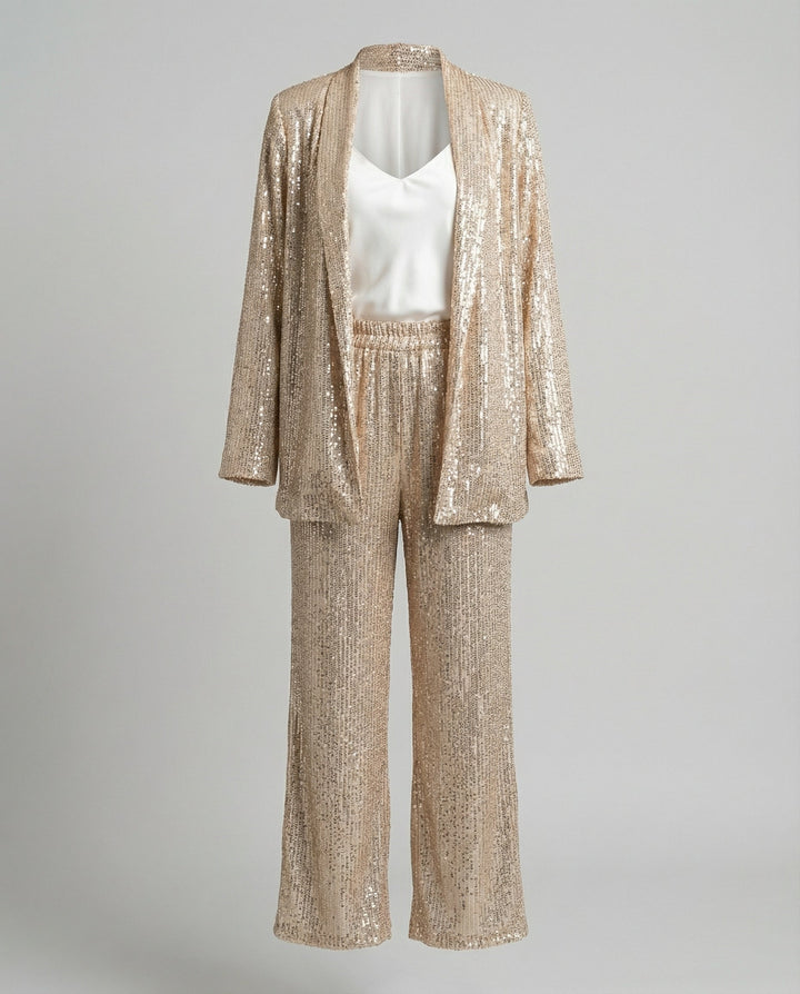 Women's Glittering Blazer Suit with Wide Leg and Shimmering Sequins Mune Fashion