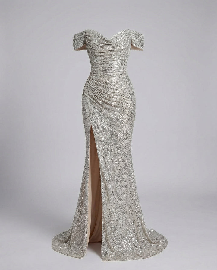 Sparkling Women's Evening Dress Strapless Maxi Dress with Slit for Wedding & Celebration | Mune Fashion