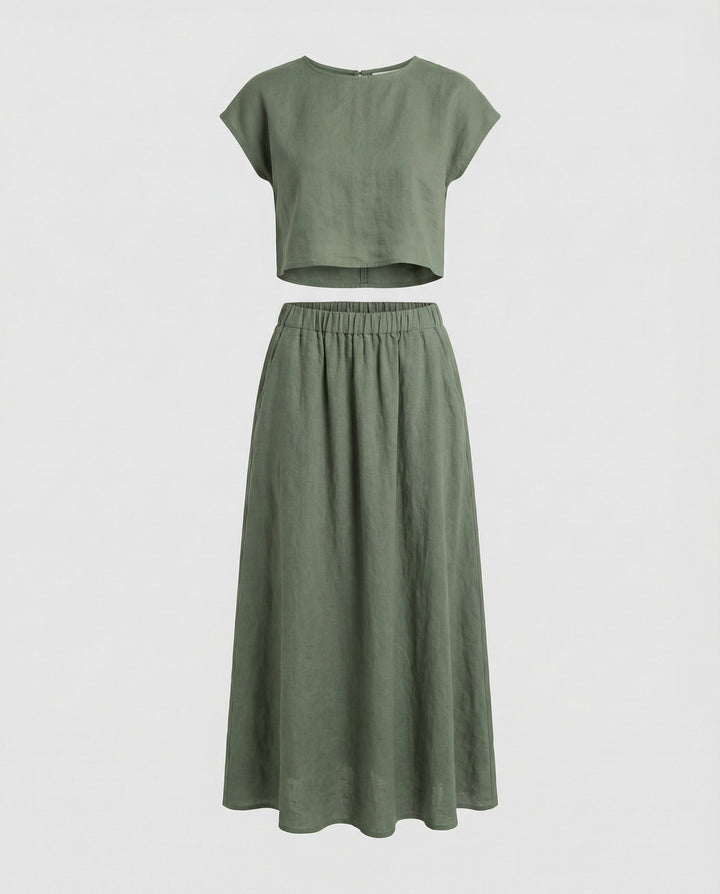 Ladies Elegant Two-Piece Set with Short Sleeve Top & Flowing Maxi Skirt | Mune Fashion