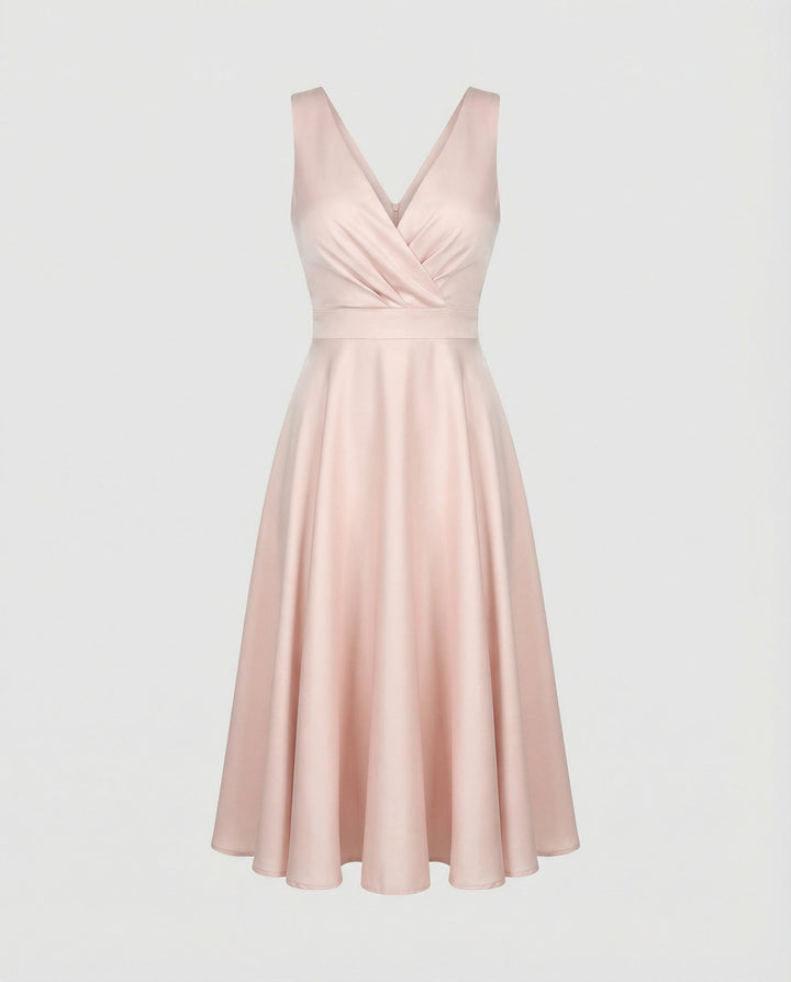 Midi dress in A-line, zipper, straps, V neck, sleeveless, elegant, for women, cocktail party