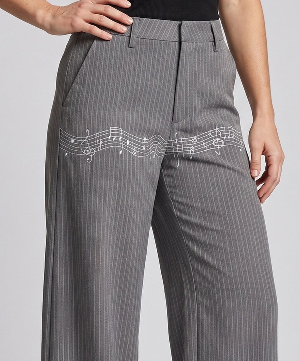 Women's Wide-Cut Striped Pants with Musical Print Mune Fashion