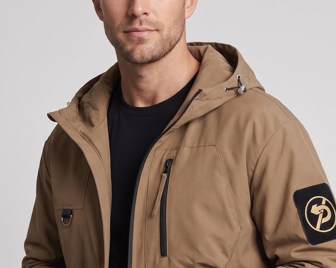 Men's Water-Repellent Softshell Utility Jacket with Hood, Zipper Pockets & Drawstring Mune Fashion