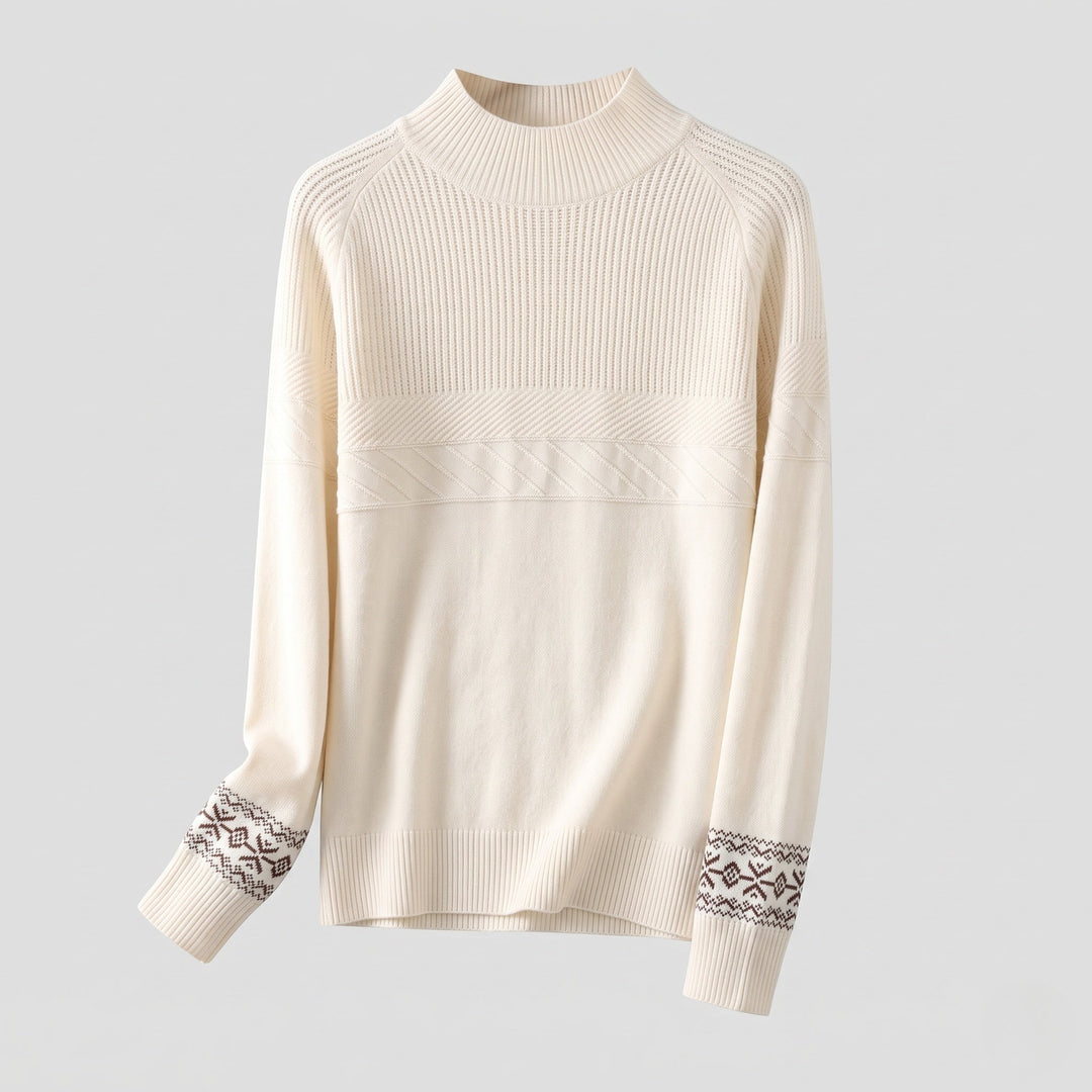 Women's fine-knit pullover with a short stand-up collar, structured yoke and Norwegian motif at the sleeve hem Mune Fashion