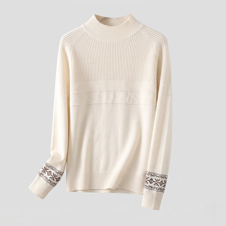 Women's fine-knit pullover with a short stand-up collar, structured yoke and Norwegian motif at the sleeve hem Mune Fashion