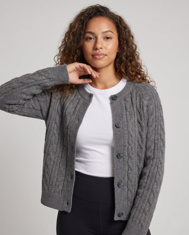 Women's Boxy Braided Knit Cardigan with Raglan Sleeves and Angora-like Texture Mune Fashion