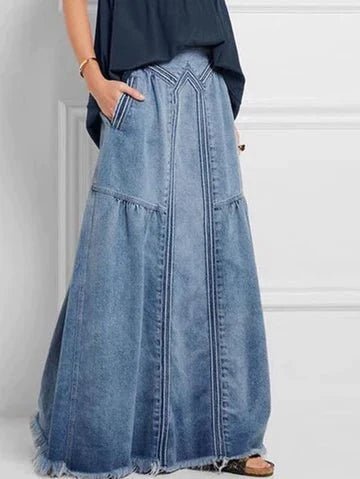Long denim skirt with elastic waistband
