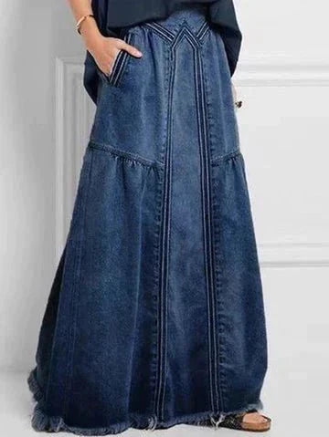 Long denim skirt with elastic waistband