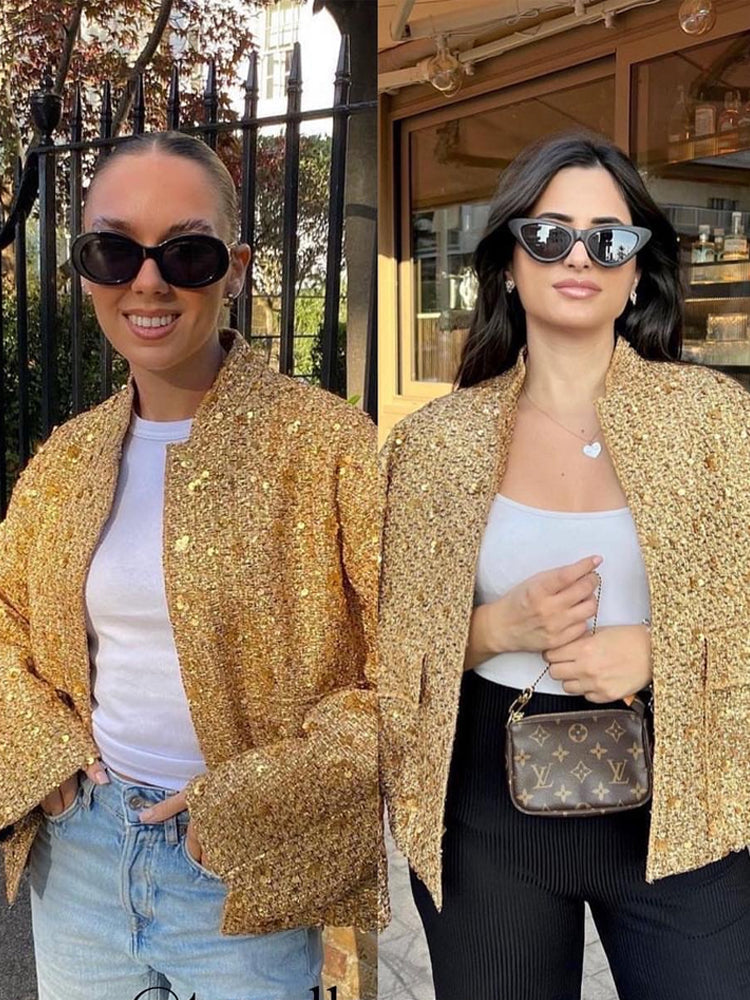 Mune | Women's bomber jacket with golden sequins and relaxed fit for party or casual use