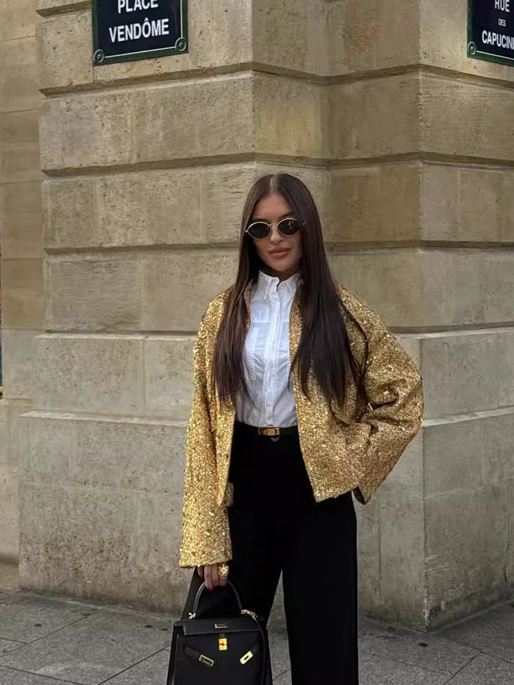 Mune | Women's bomber jacket with golden sequins and relaxed fit for party or casual use