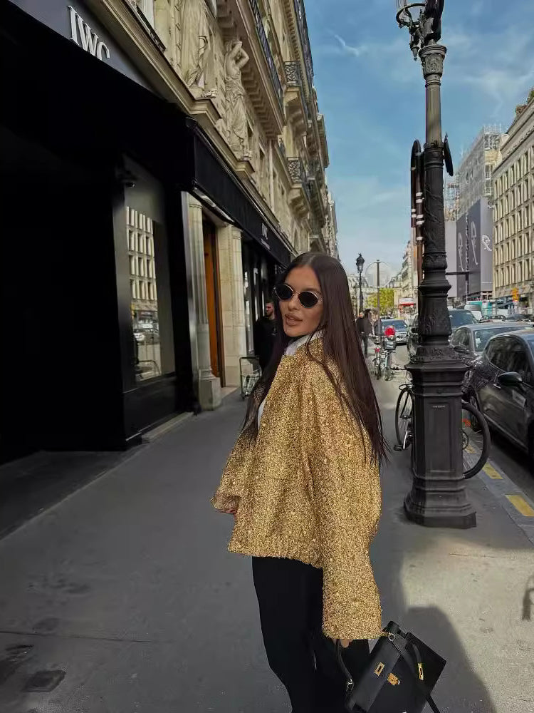 Mune | Women's bomber jacket with golden sequins and relaxed fit for party or casual use