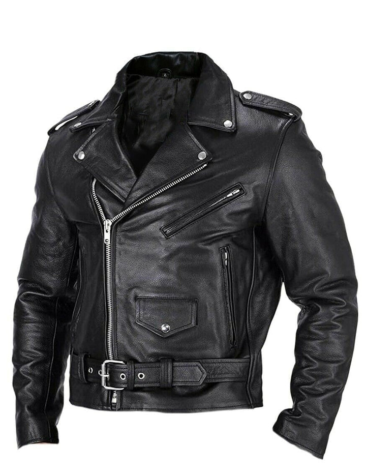 Eloura-Moda | Slim Fit Leather Motorcycle Jacket for Men with Stand-Up Collar