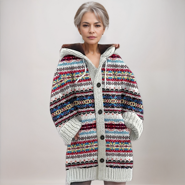 Women Fair Isle Hooded Knit Cardigan